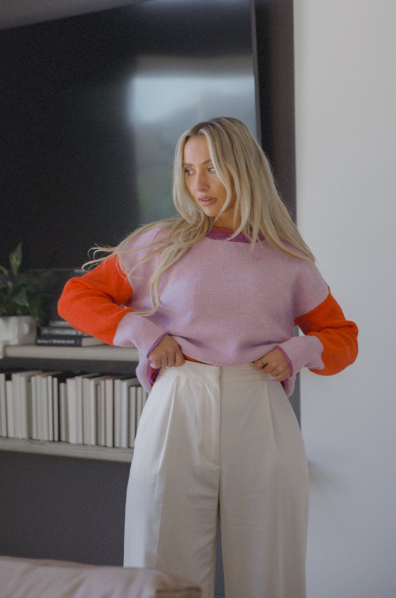 purple and red color block knit sweater