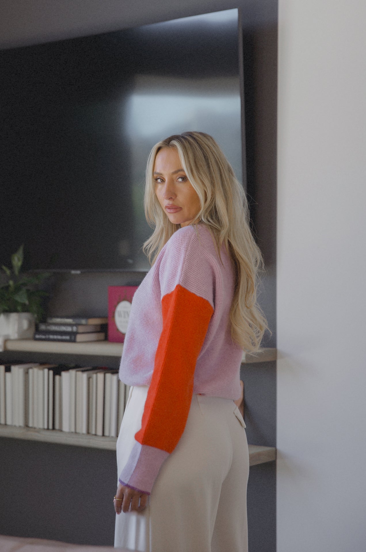 purple and red color block knit sweater
