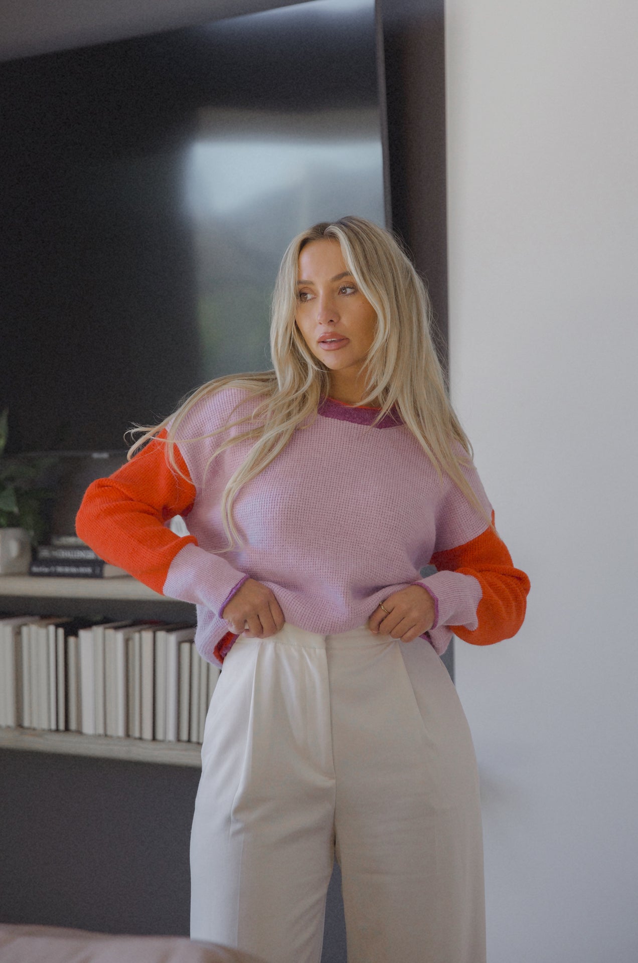 purple and red color block knit sweater