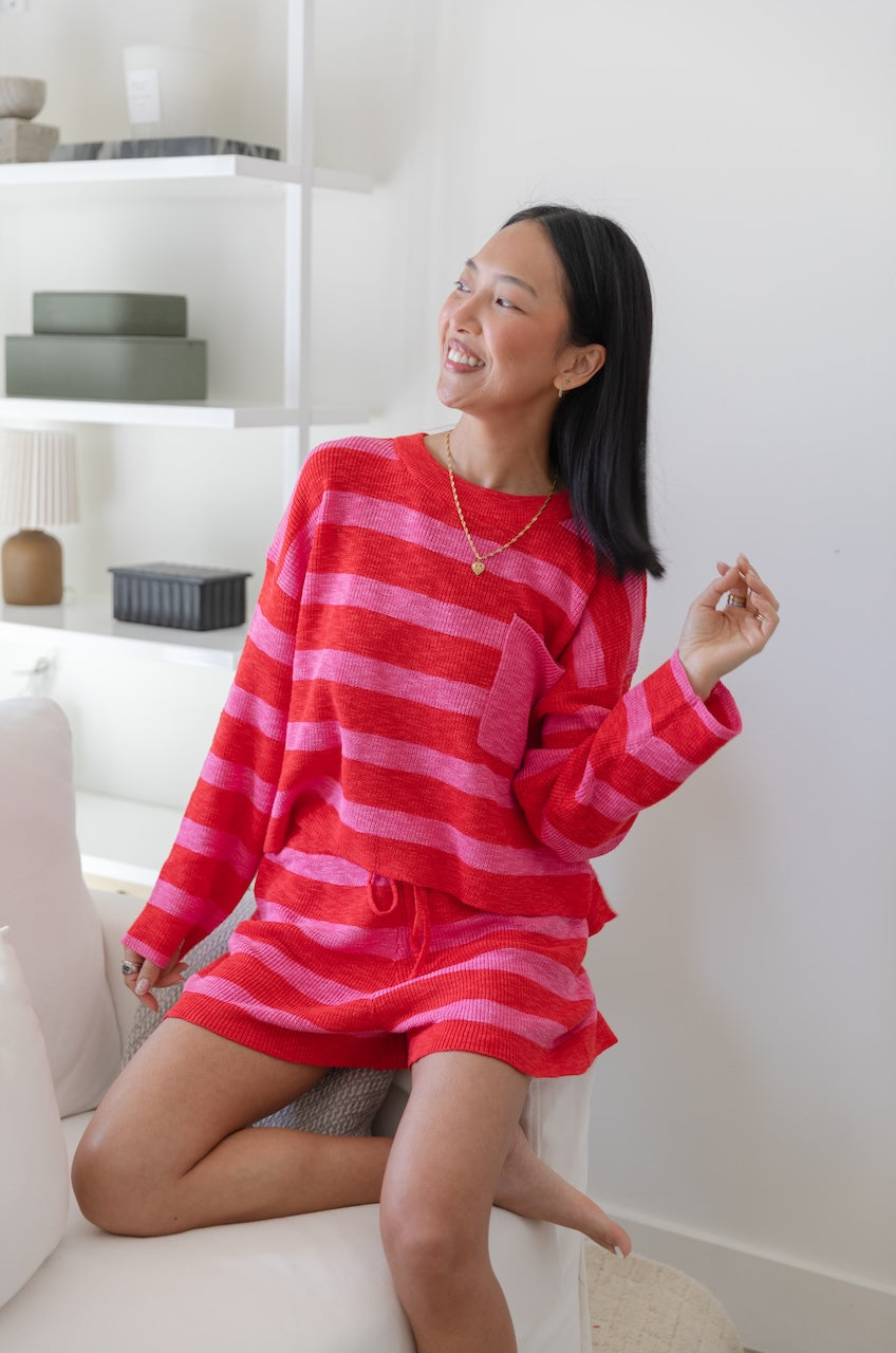 Pink/Red Striped Knit Top & Shorts Set
