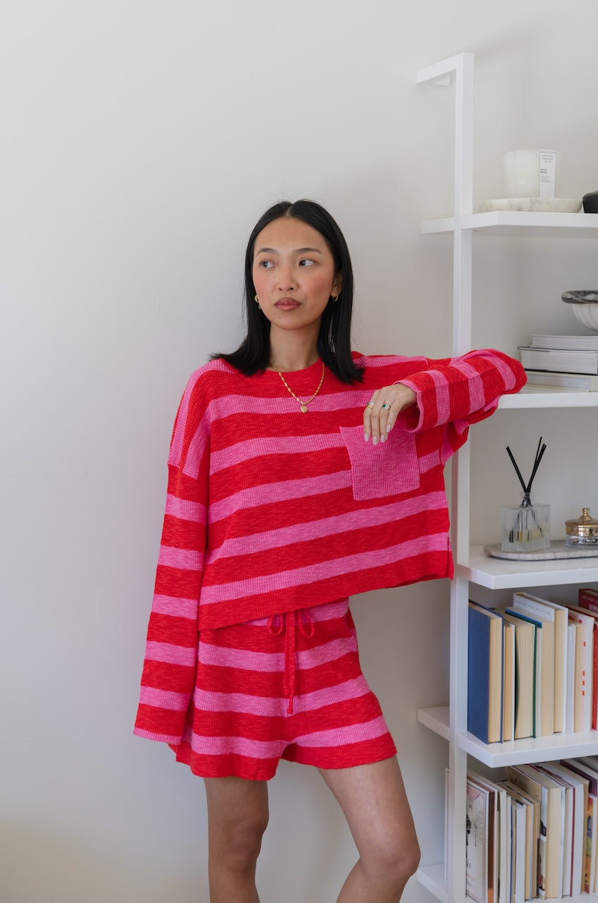 Pink/Red Striped Knit Top & Shorts Set
