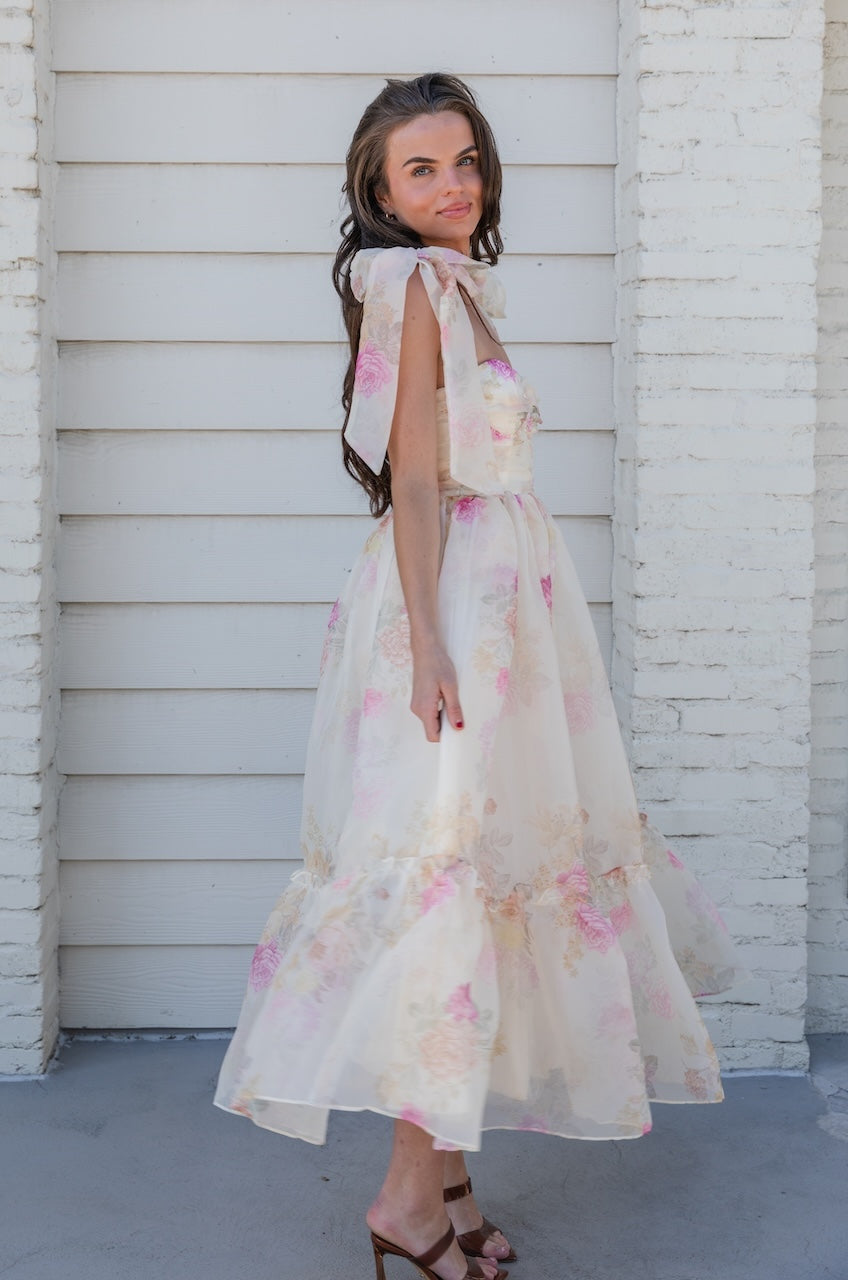 Ivory Floral Tie Strap Midi Dress