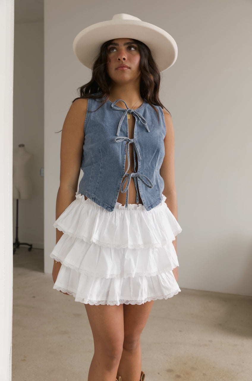 white tiered ruffle mini skirt
