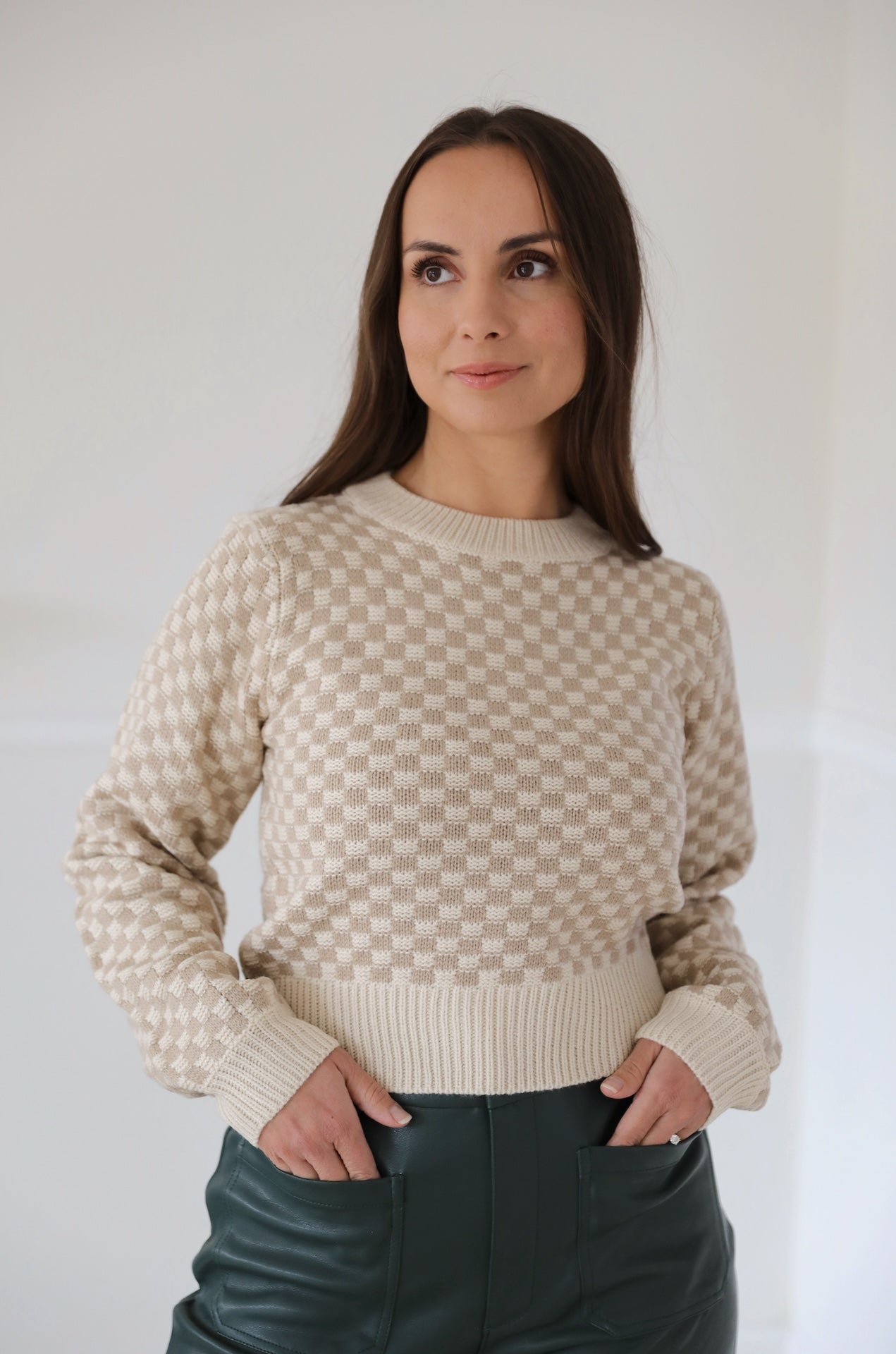 Taupe Gingham Sweater