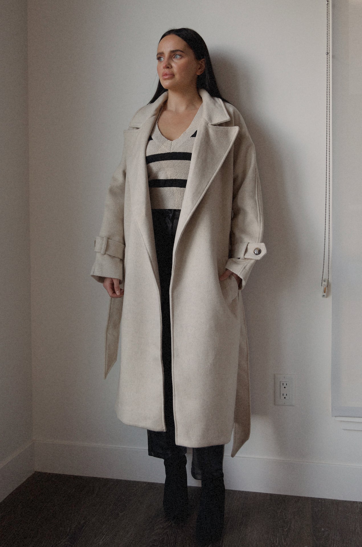 belted cream oversized wool blend coat