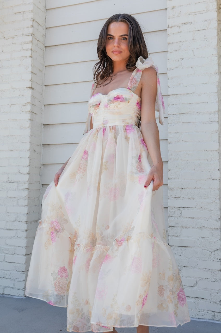Ivory Floral Tie Strap Midi Dress