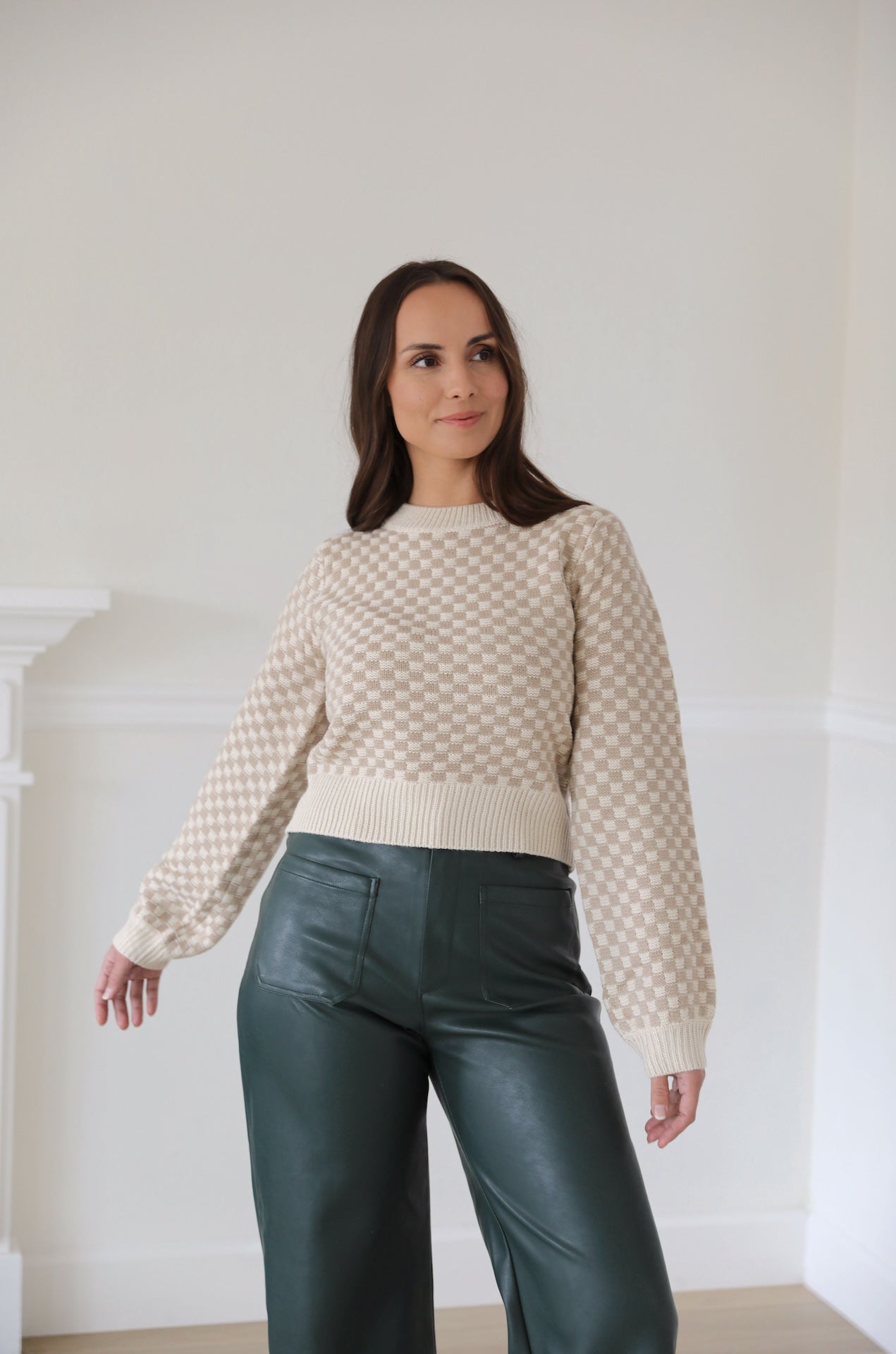 Taupe Gingham Sweater