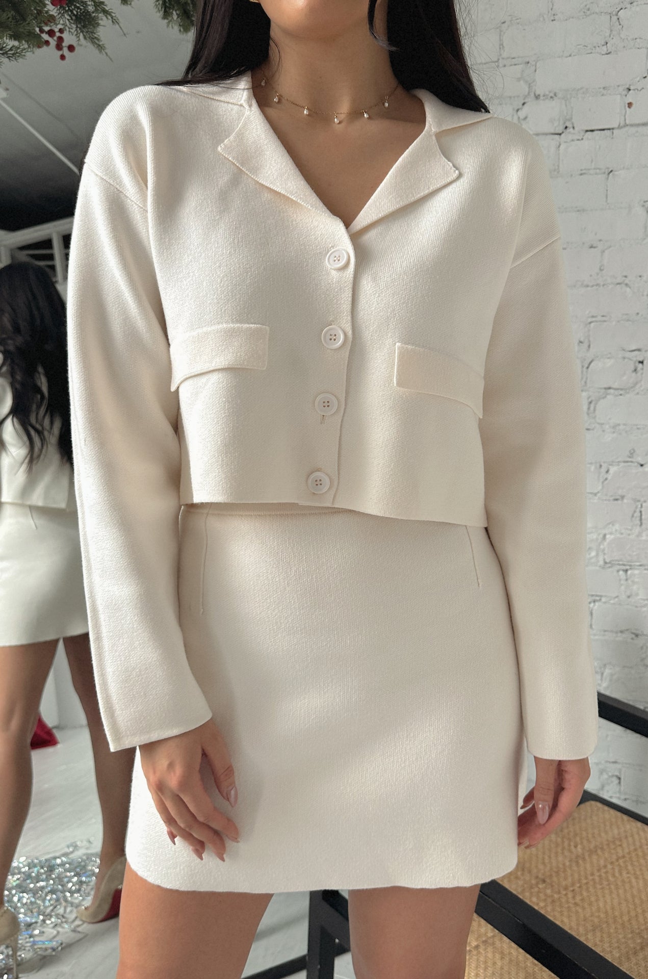 ivory cream knit sweater and mini skirt set