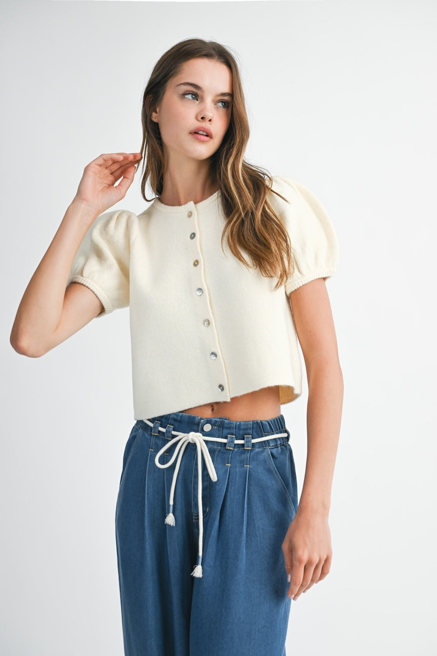White Cropped Puff Sleeve Cardigan Sweater