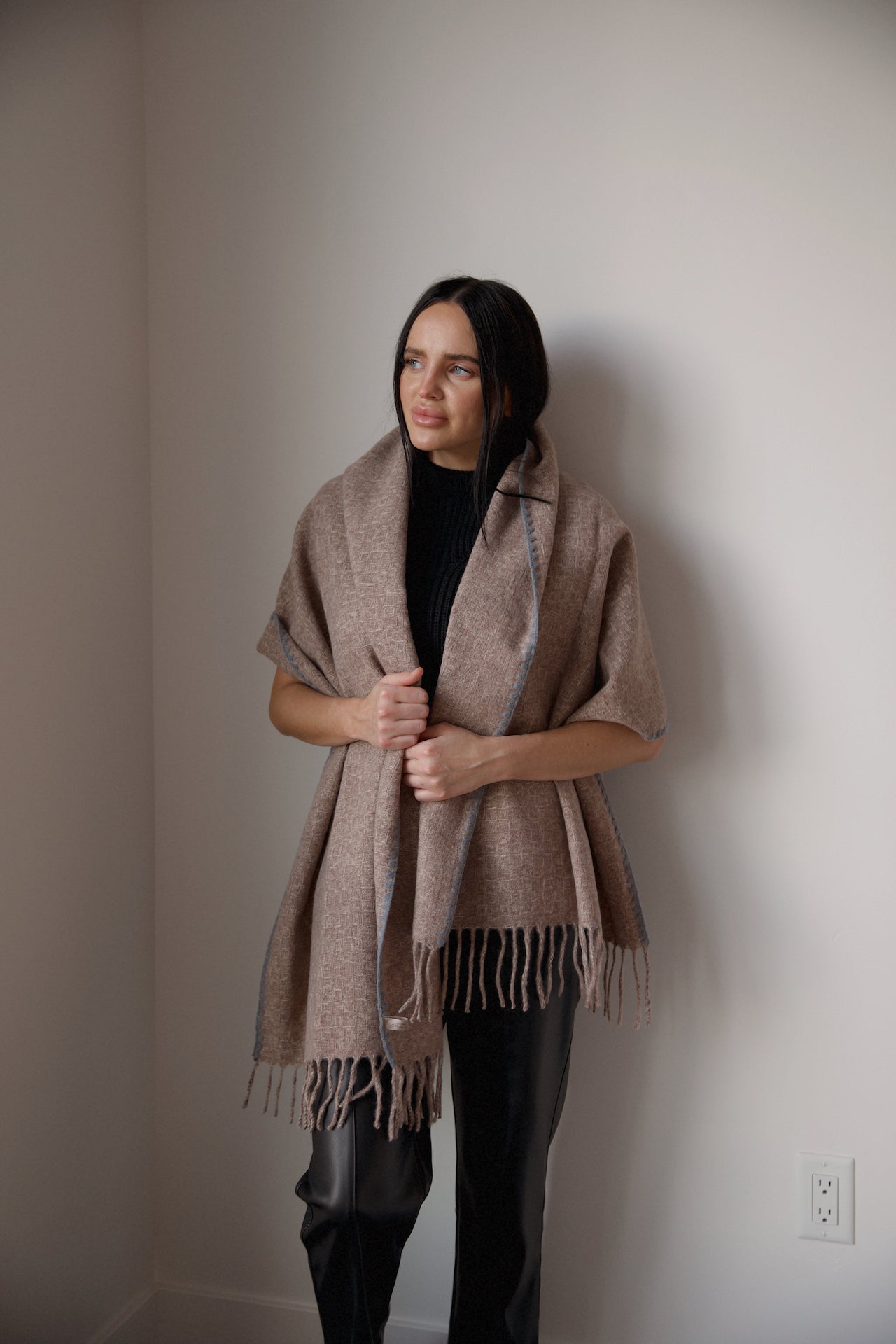 beige fringe scarf with grey scallop stitch detail