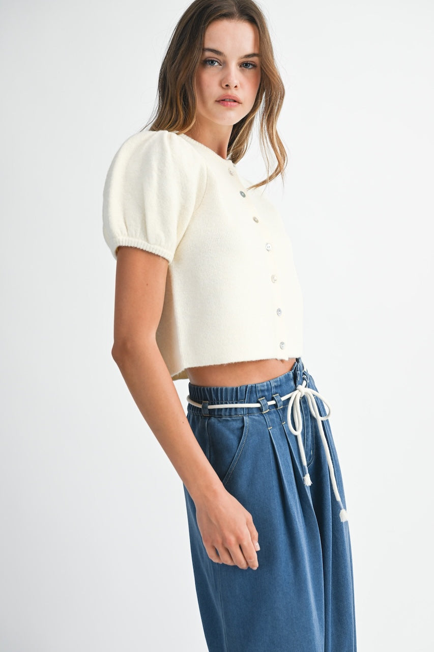 White Cropped Puff Sleeve Cardigan Sweater