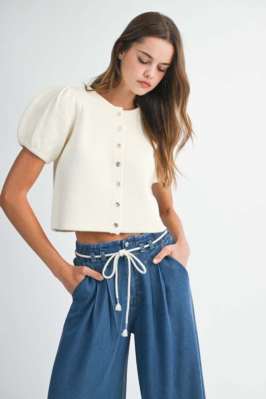 White Cropped Puff Sleeve Cardigan Sweater