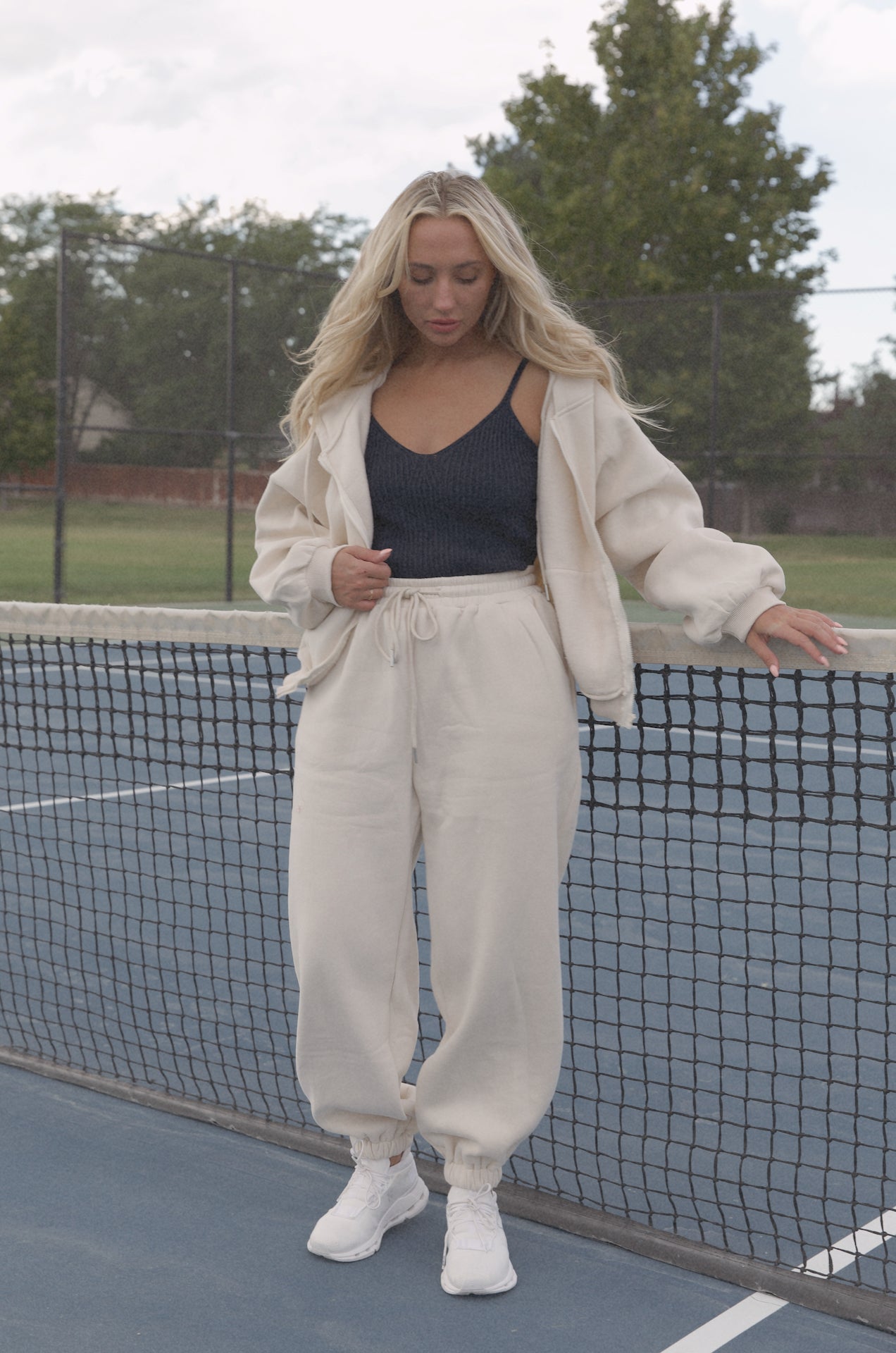 cream two piece hoodie sweatshirt and fleece sweatpants set