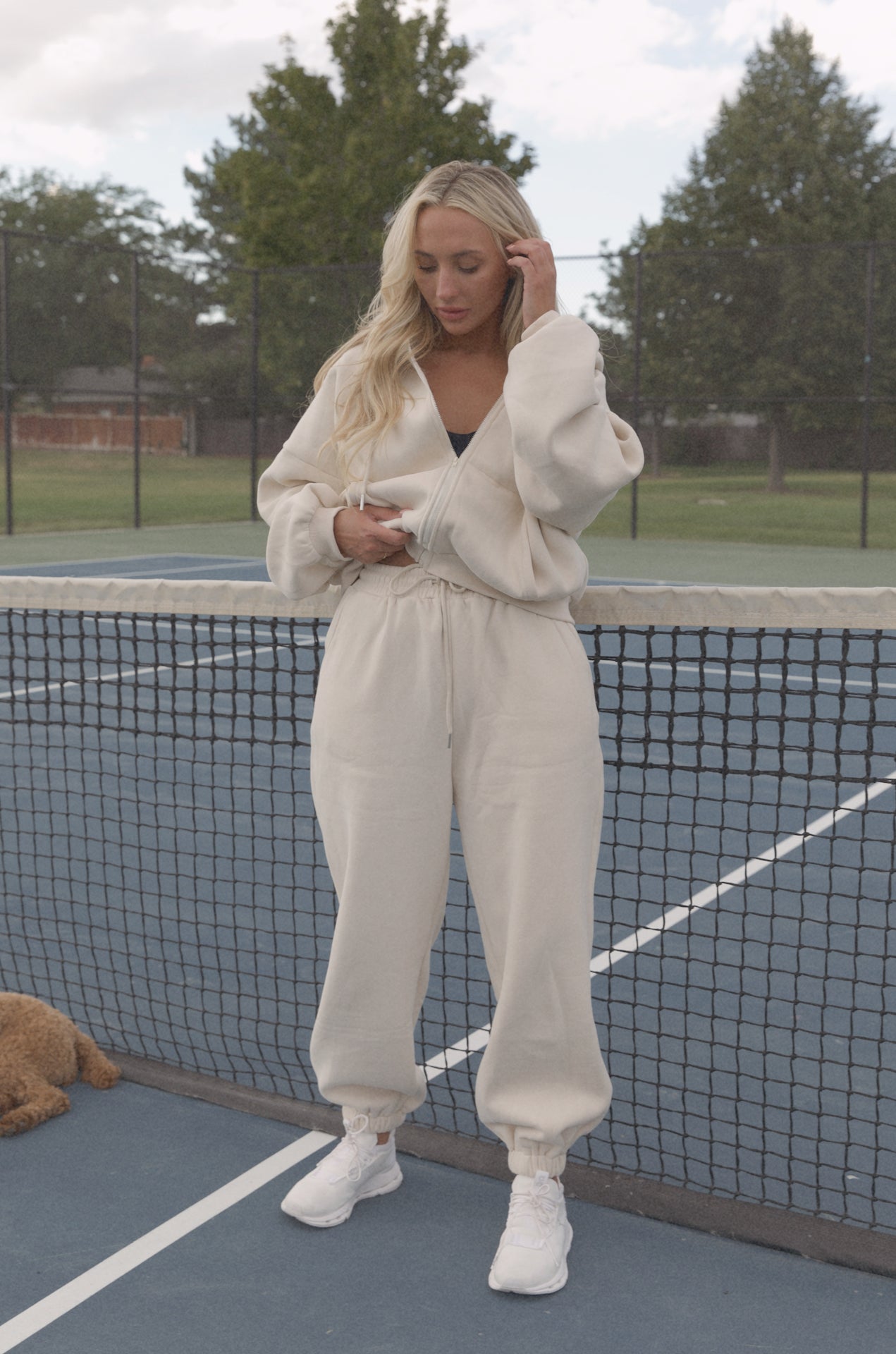 cream two piece hoodie sweatshirt and fleece sweatpants set