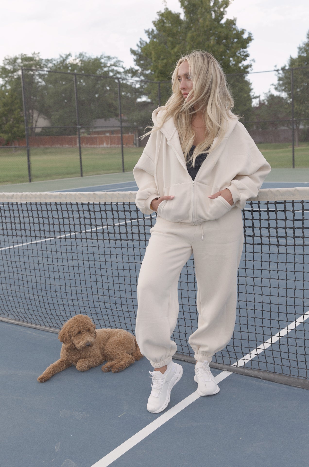 cream two piece hoodie sweatshirt and fleece sweatpants set