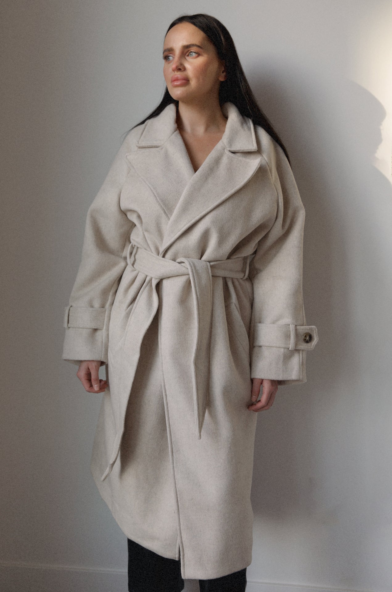 belted cream oversized wool blend coat
