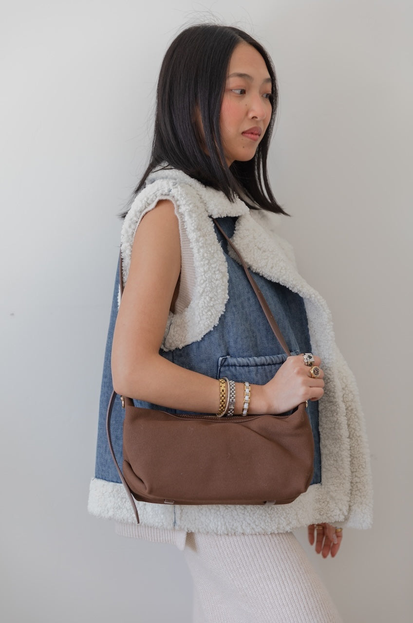 Melie Bianco Lilith Brown Suede Hobo Bag - Vegan Crescent Shoulder Purse