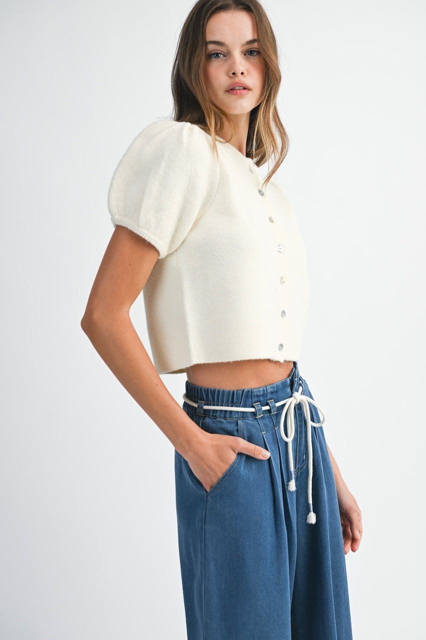 White Cropped Puff Sleeve Cardigan Sweater