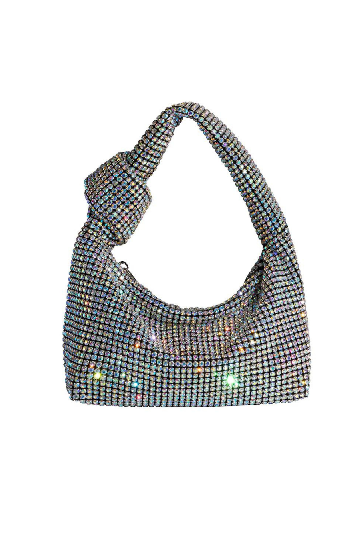 silver rhinestone knot top handle bag by melie Bianco