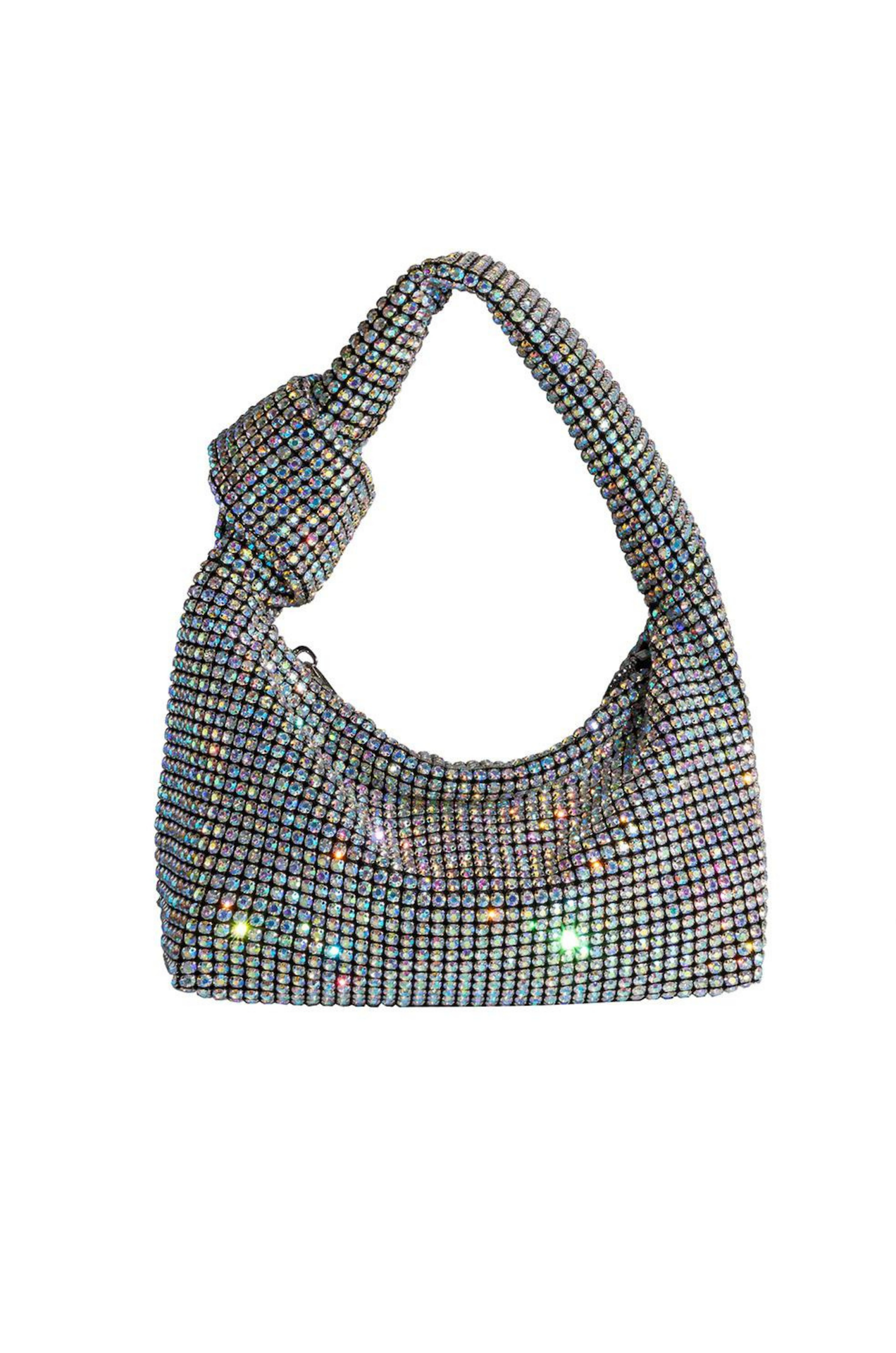 silver rhinestone knot top handle bag by melie Bianco 