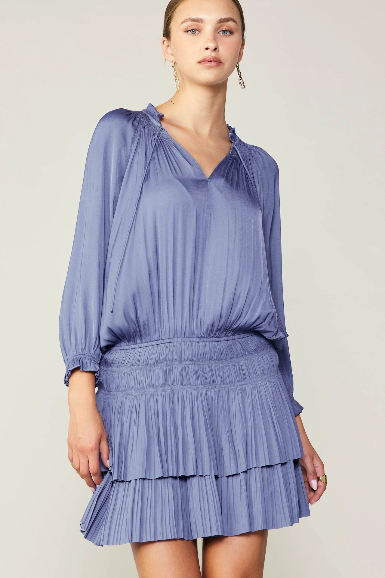 current air dress pleated mini dress with long sleeves
