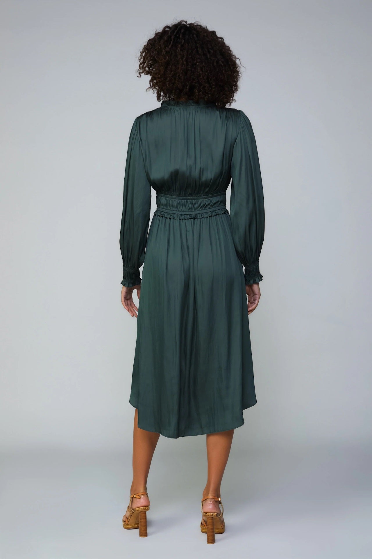 silky green surplice bodice midi dress with long sleeves