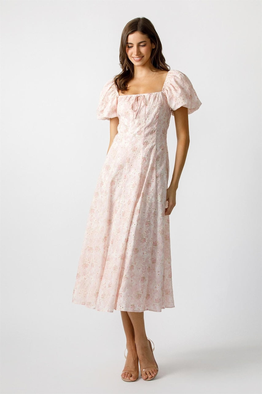 Blush Pink Floral Puff Sleeve Midi Dress