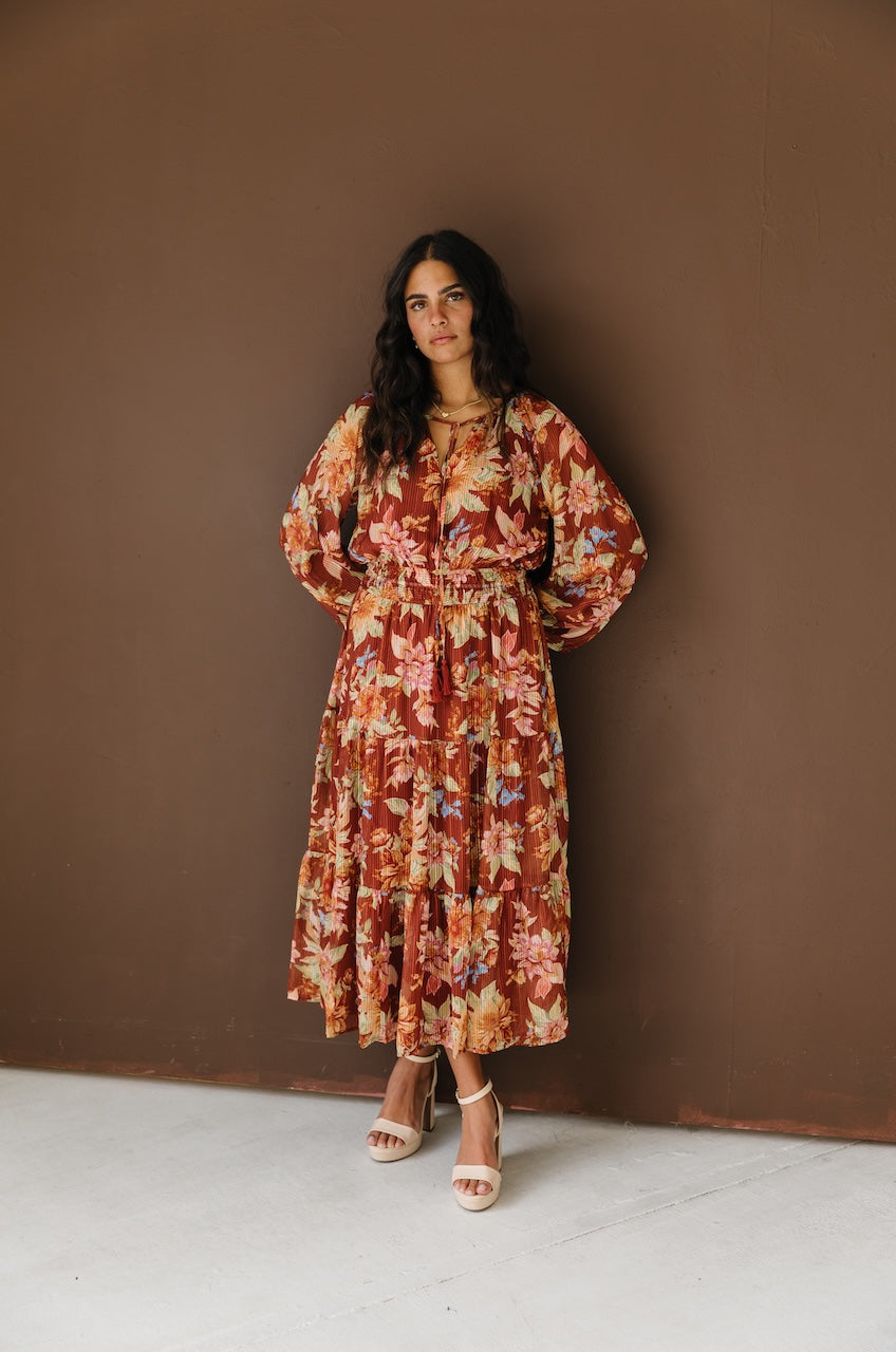 Brown Floral Long Sleeve Midi Dress L