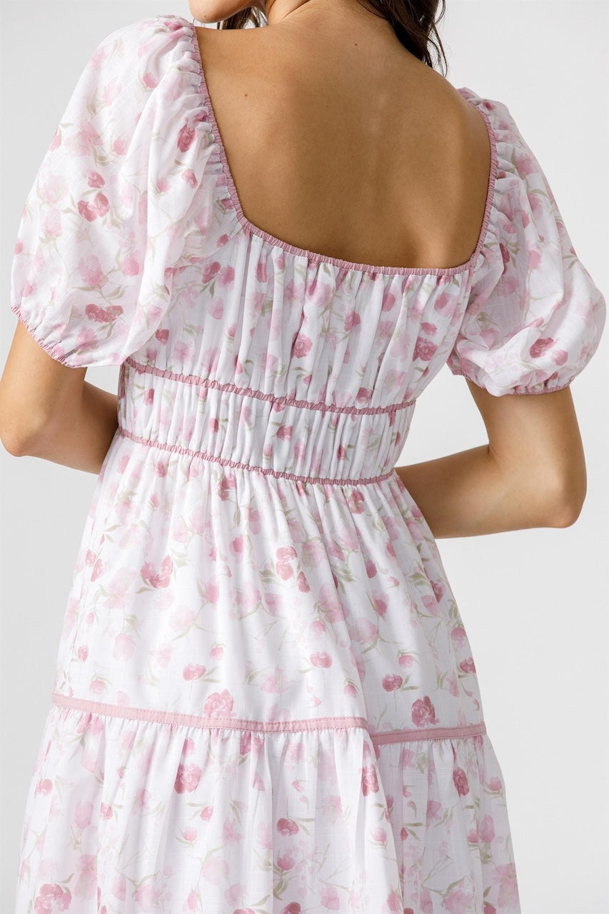 Ivory Pink Floral Puff Sleeve Midi Dress