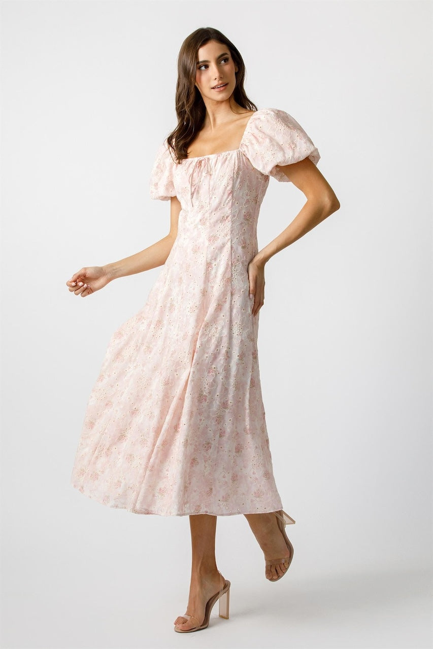 Blush Pink Floral Puff Sleeve Midi Dress