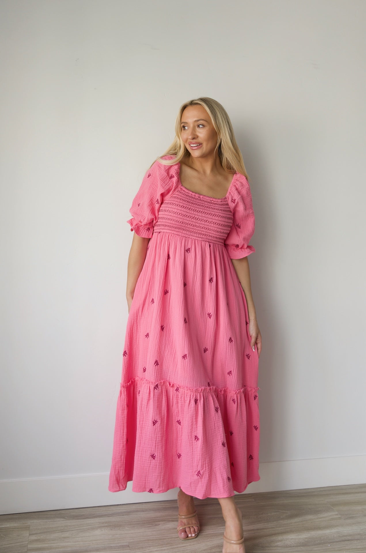 Tory Embroidered Gauzey Midi Dress - Pink