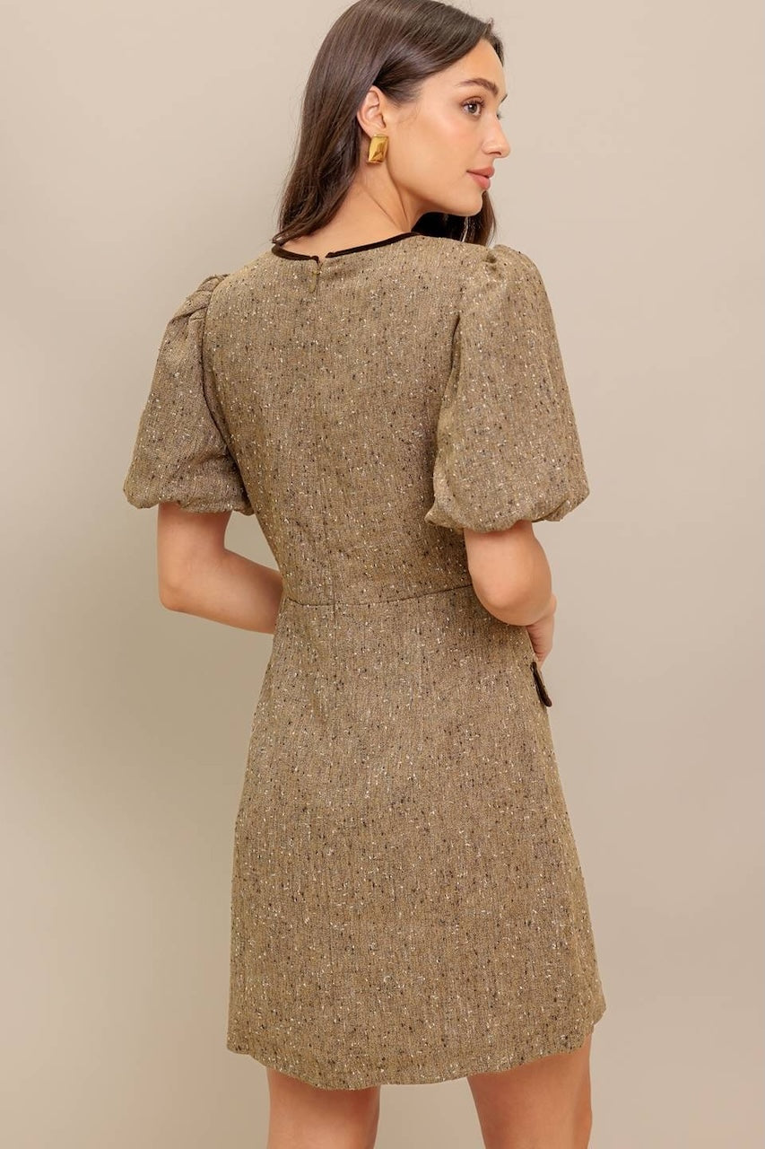 Brown Puff Sleeve Tweed Mini Dress