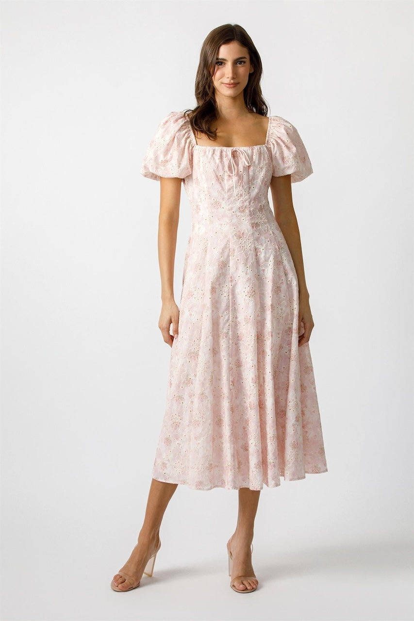 Blush Pink Floral Puff Sleeve Midi Dress