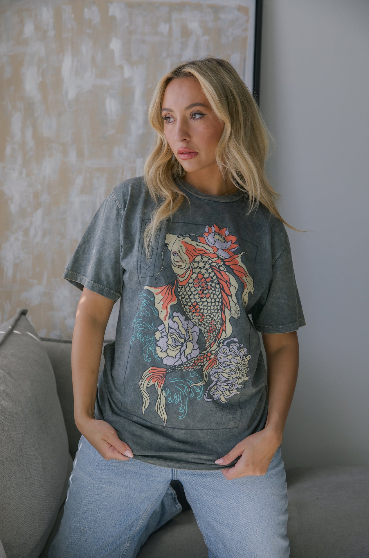 koi fish graphic tee on mineral wash cotton tee