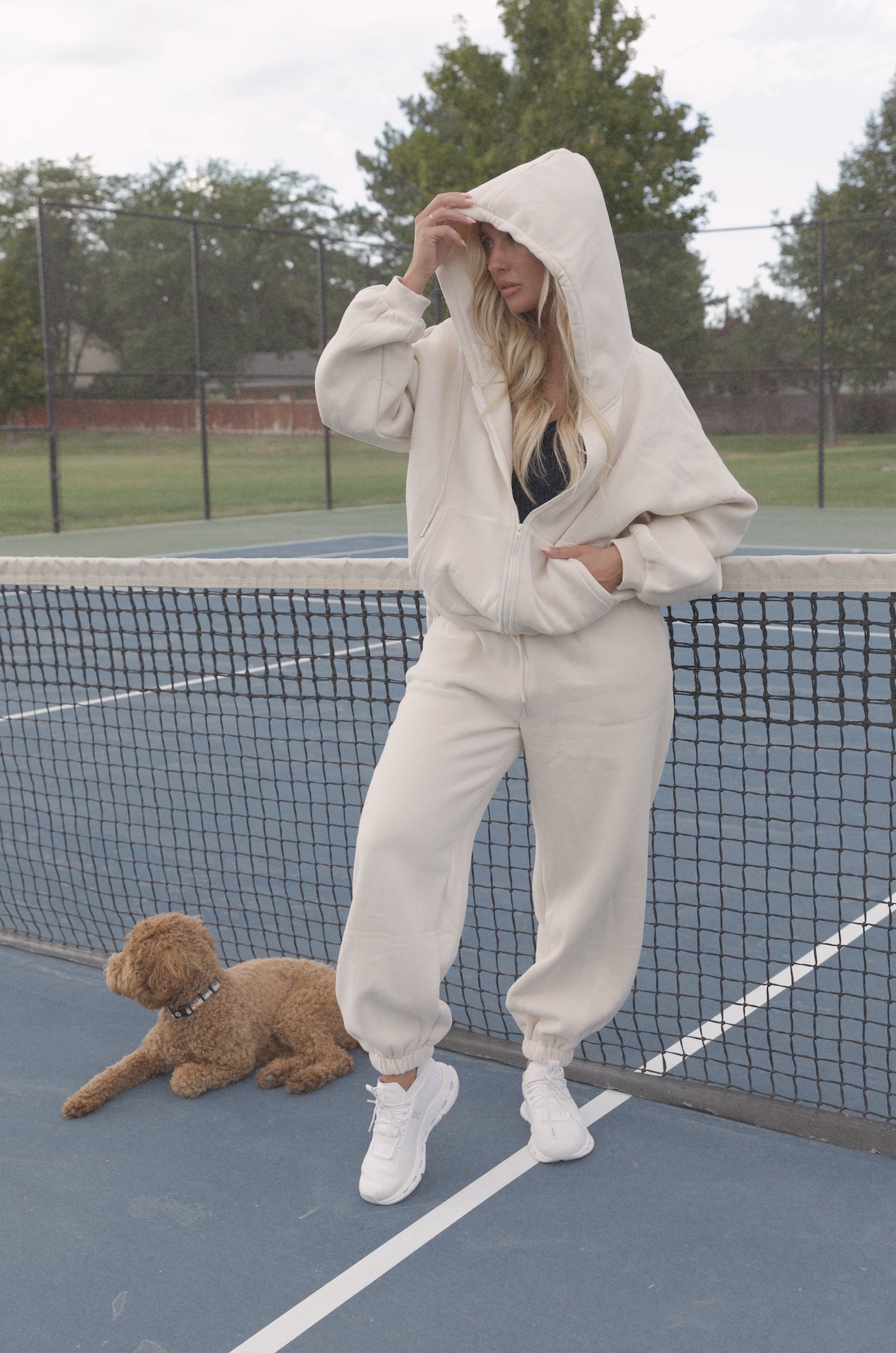 cream two piece hoodie sweatshirt and fleece sweatpants set