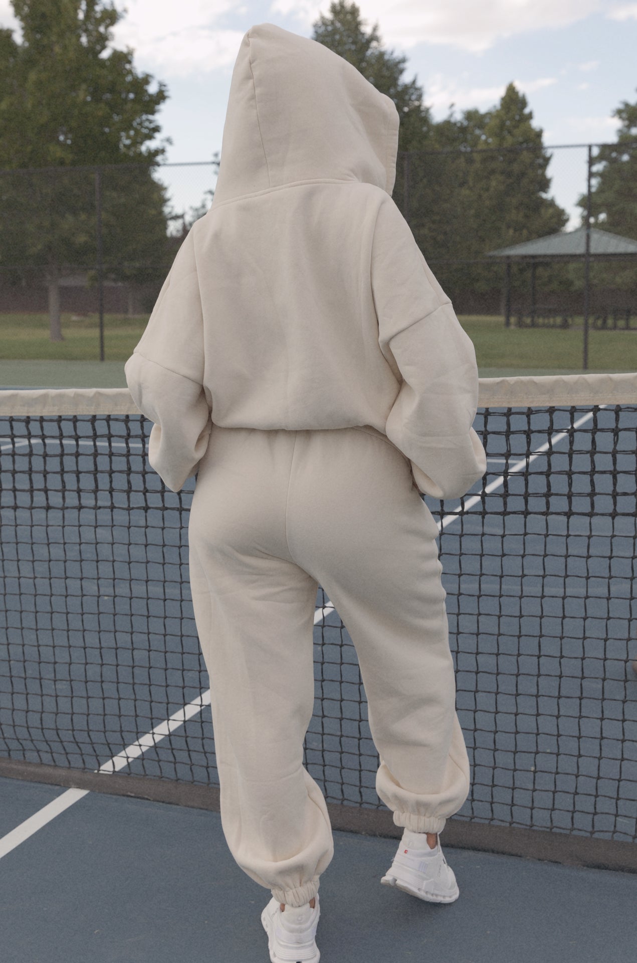 cream two piece hoodie sweatshirt and fleece sweatpants set