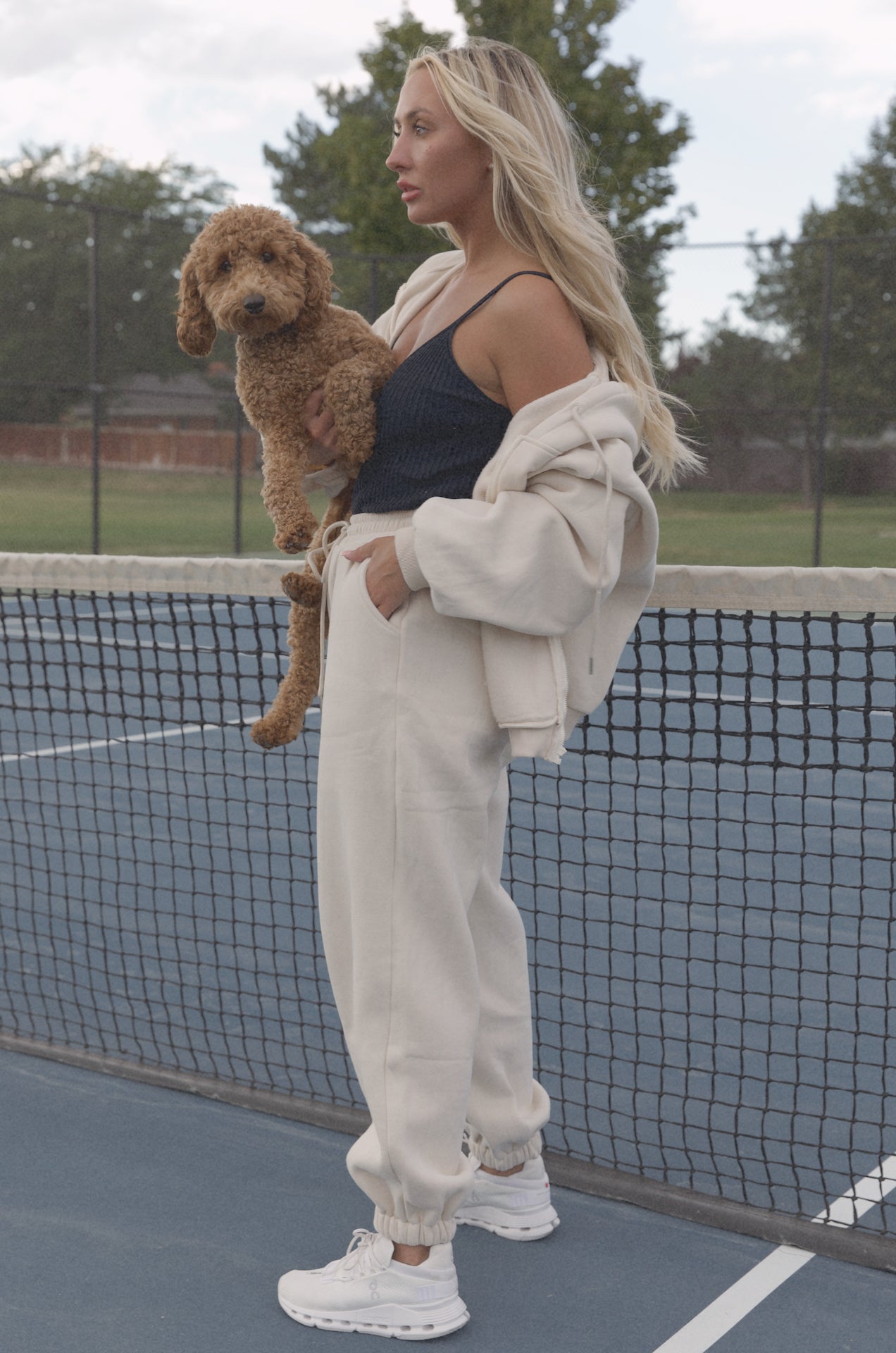 cream two piece hoodie sweatshirt and fleece sweatpants set