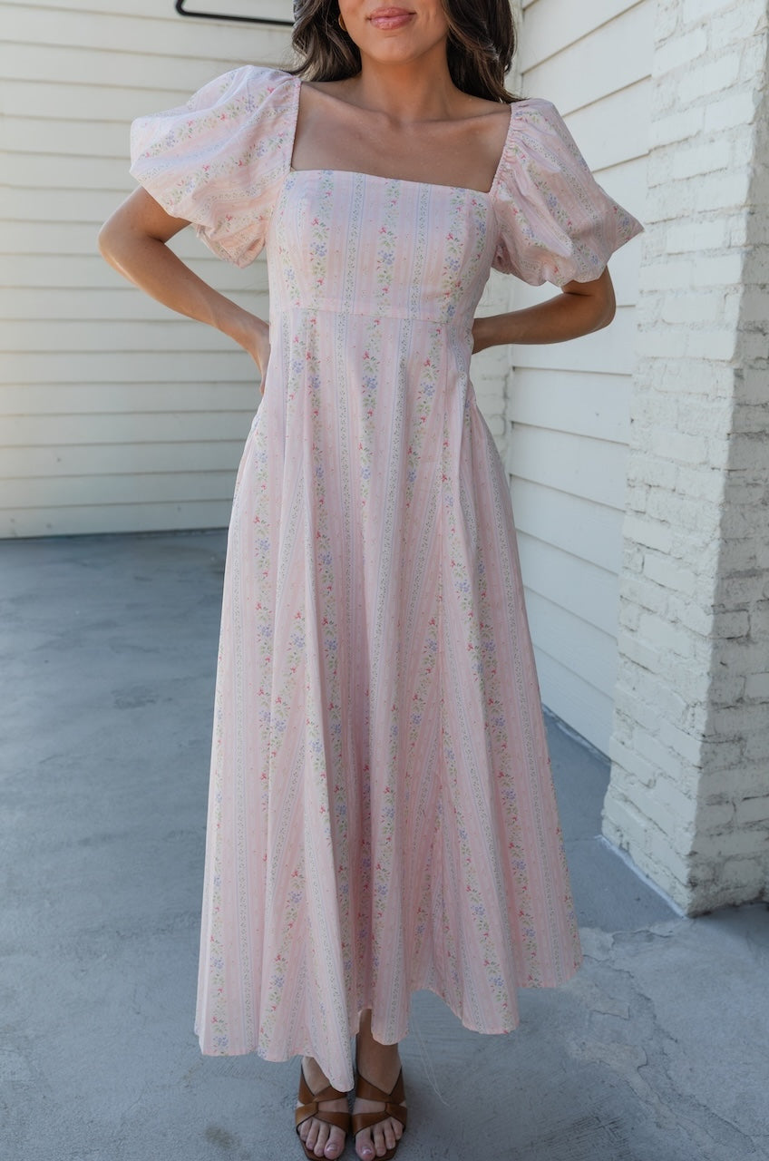 Pink Floral Cotton Puff Sleeve Midi Dress