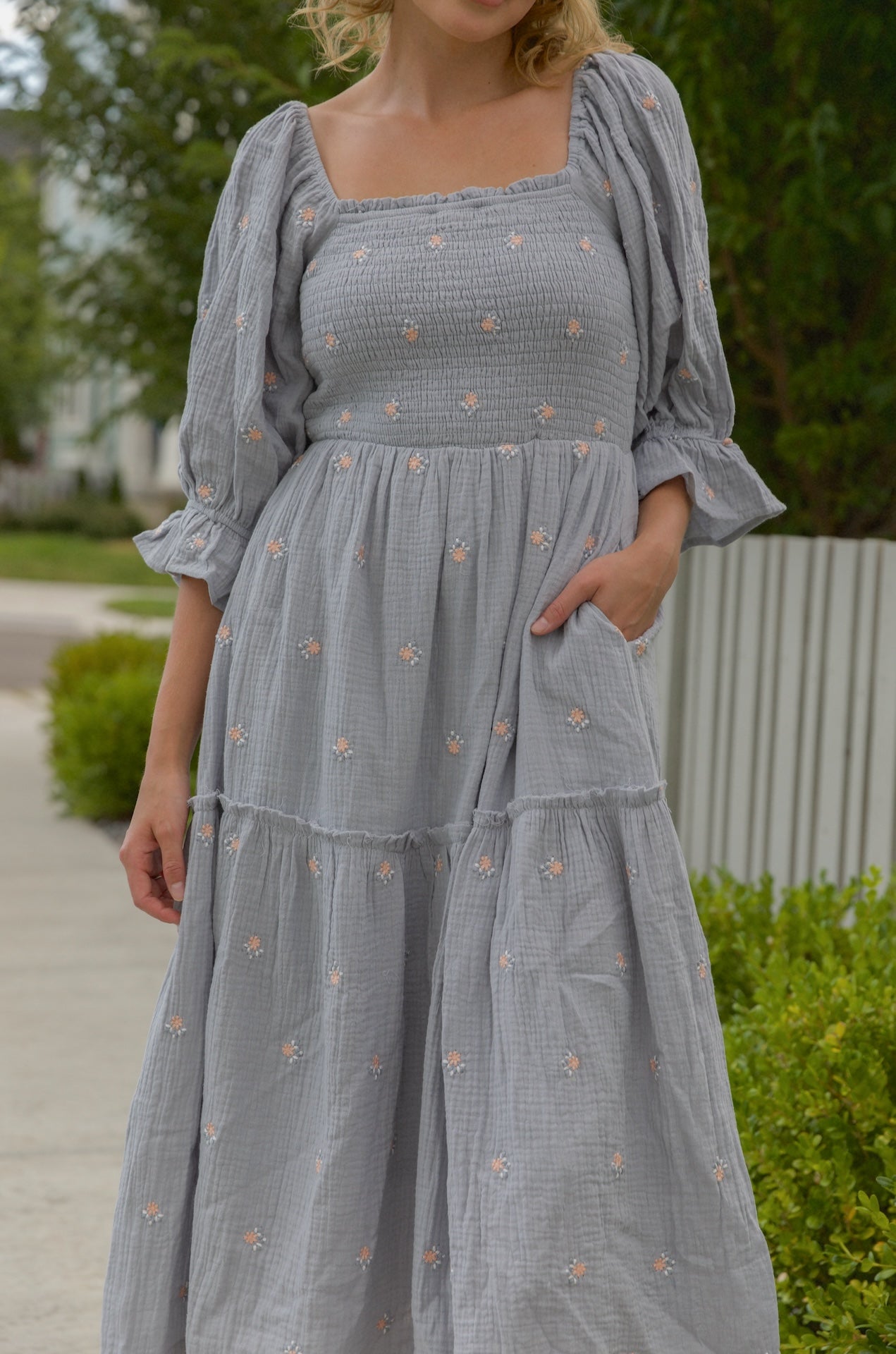 Darla Embroidered Steele Blue Puff Sleeve Dress