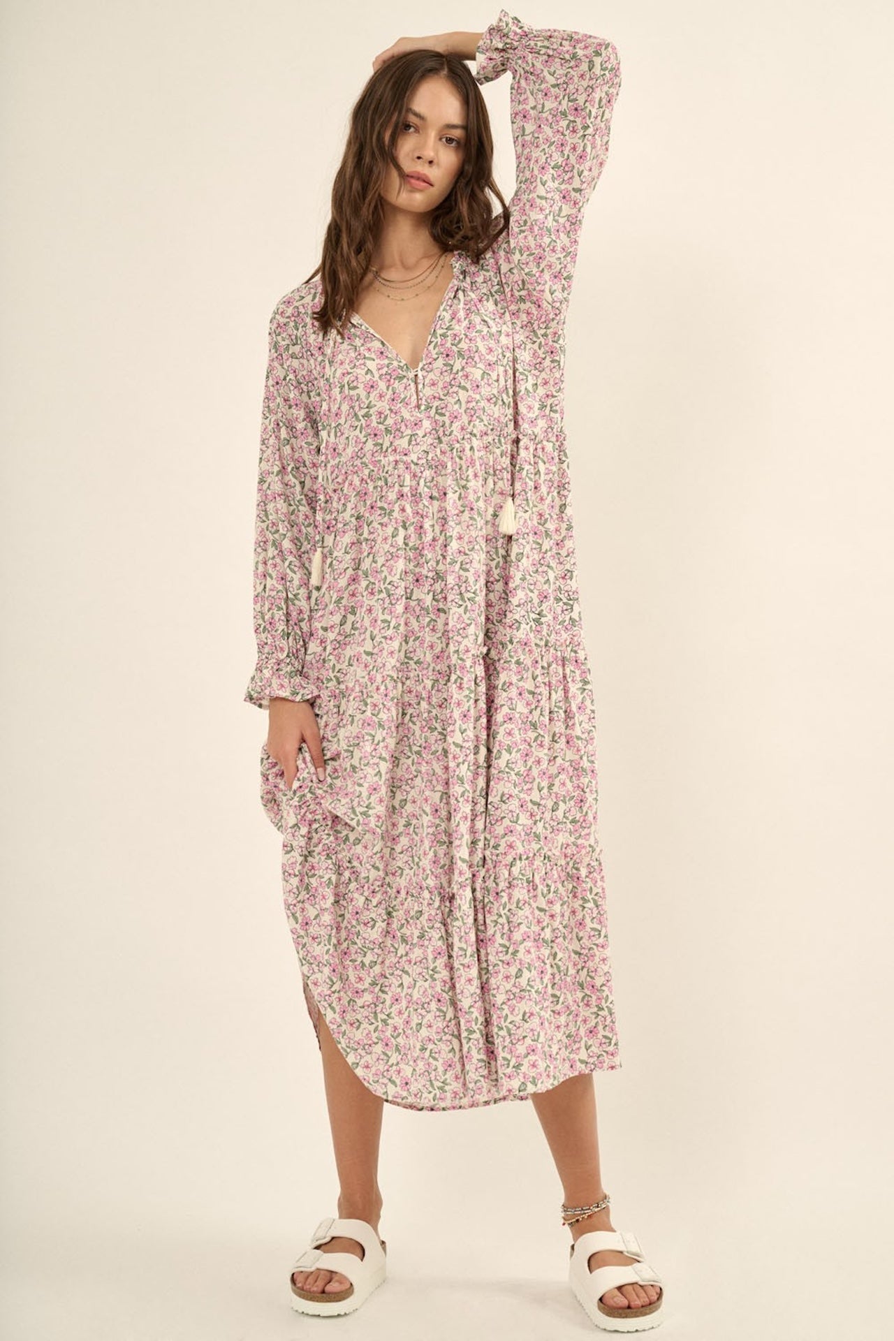 Pink floral print boho long sleeve tiered midi dress
