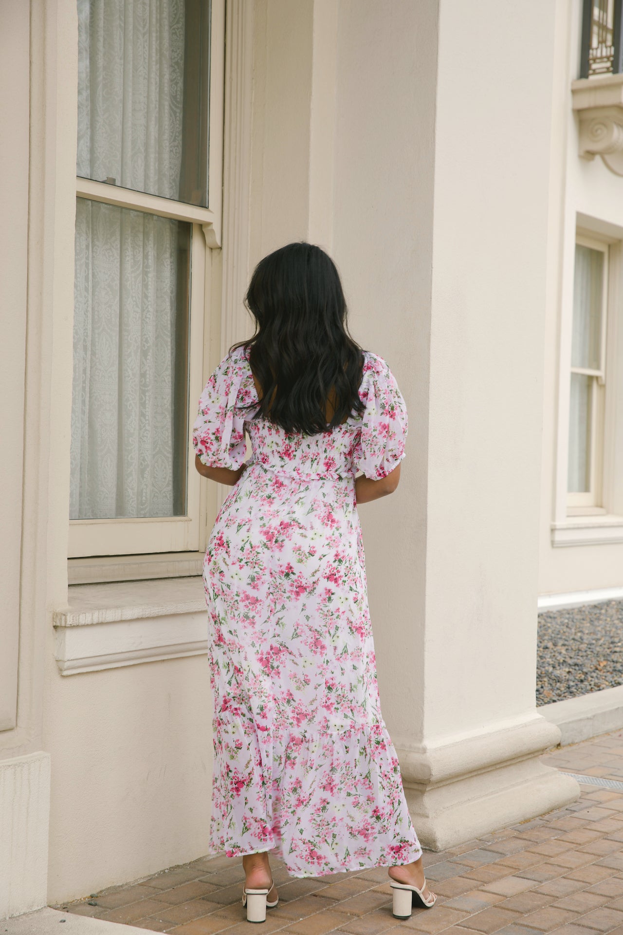 white and pink floral maxi dress with puff sleeves