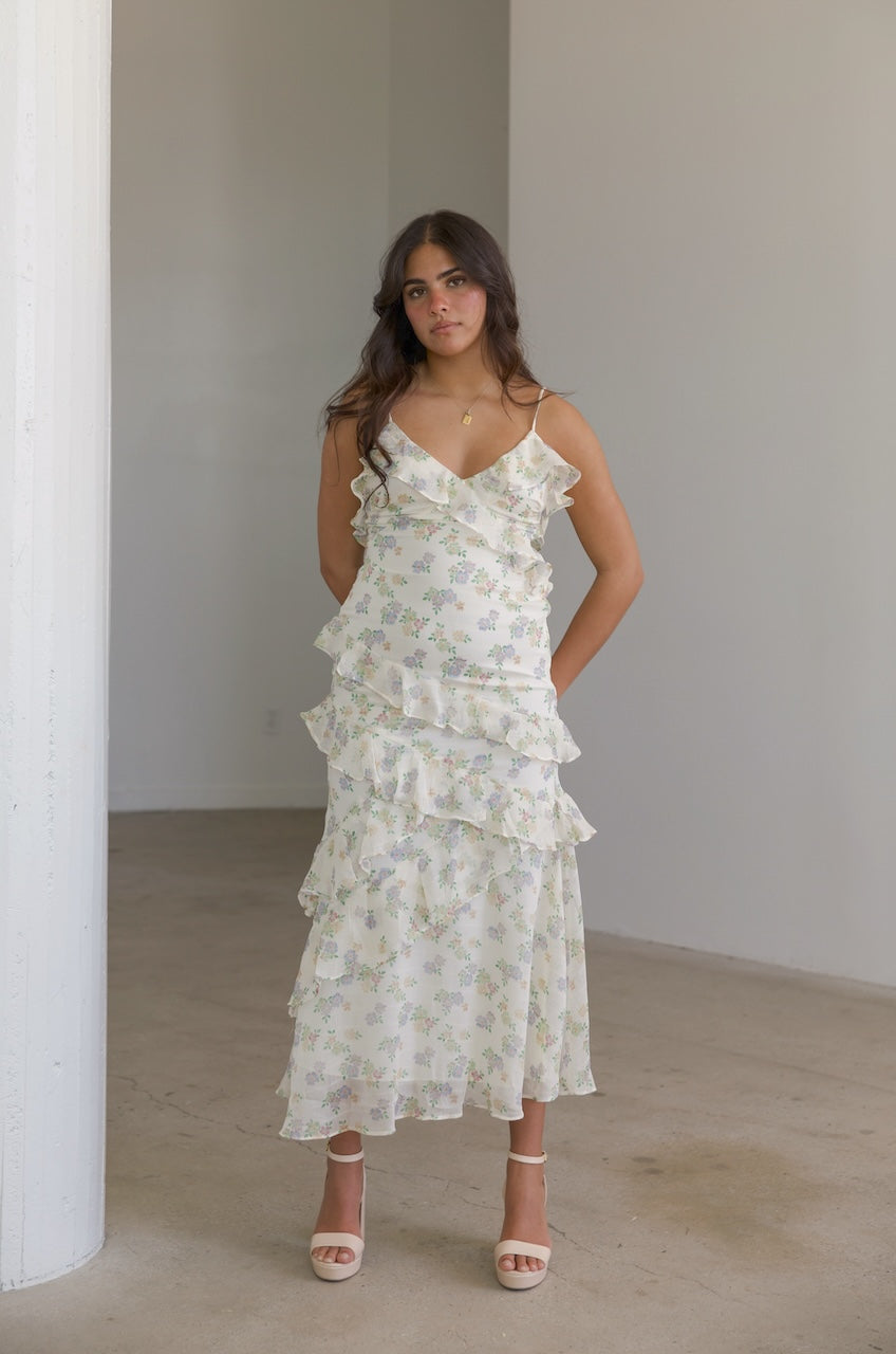 white floral ruffle chiffon maxi dress