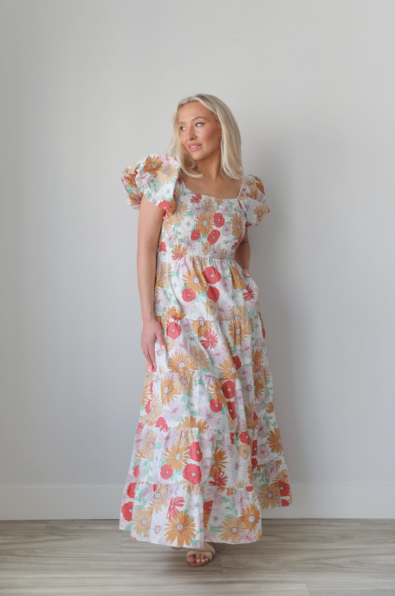 Puff Sleeve Smocked Floral Maxi Dress S Puff Sleeve Smocked Floral Maxi Dress S