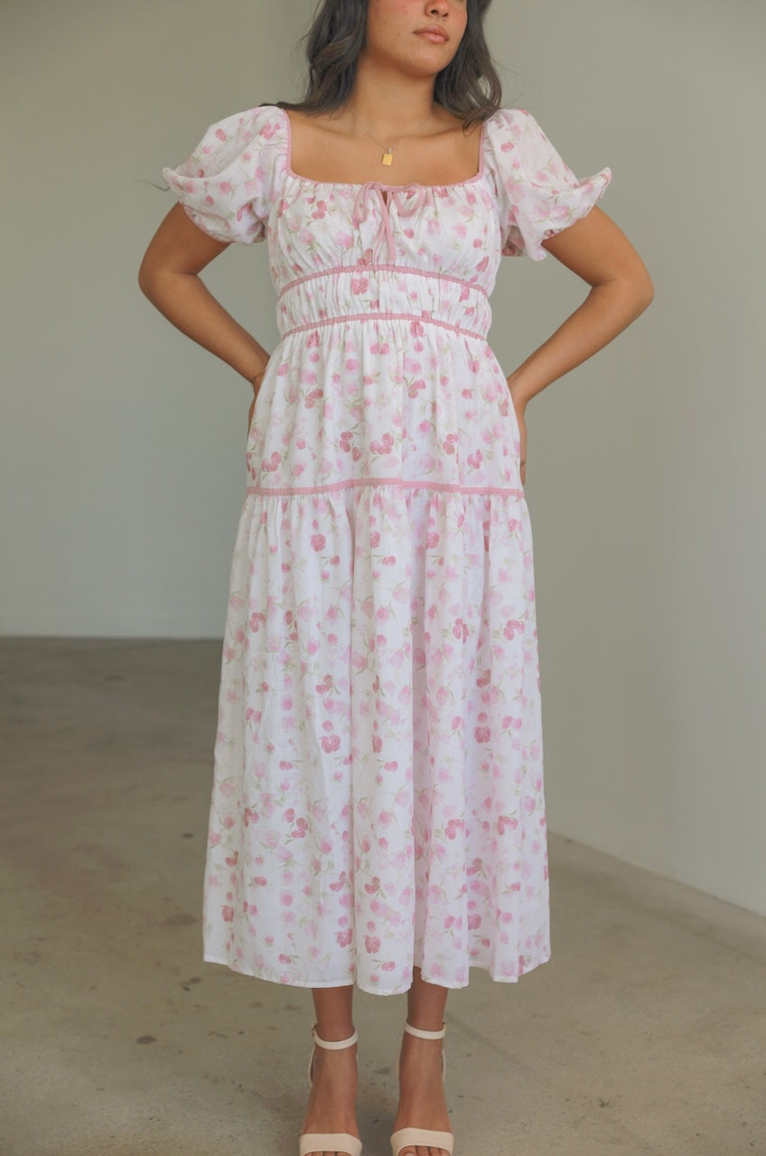 Ivory Pink Floral Puff Sleeve Midi Dress