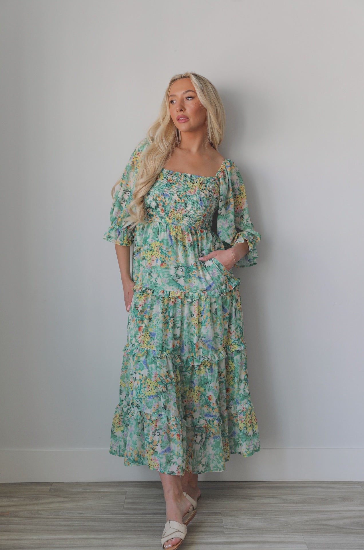 Andrea Green Floral Midi Dress
