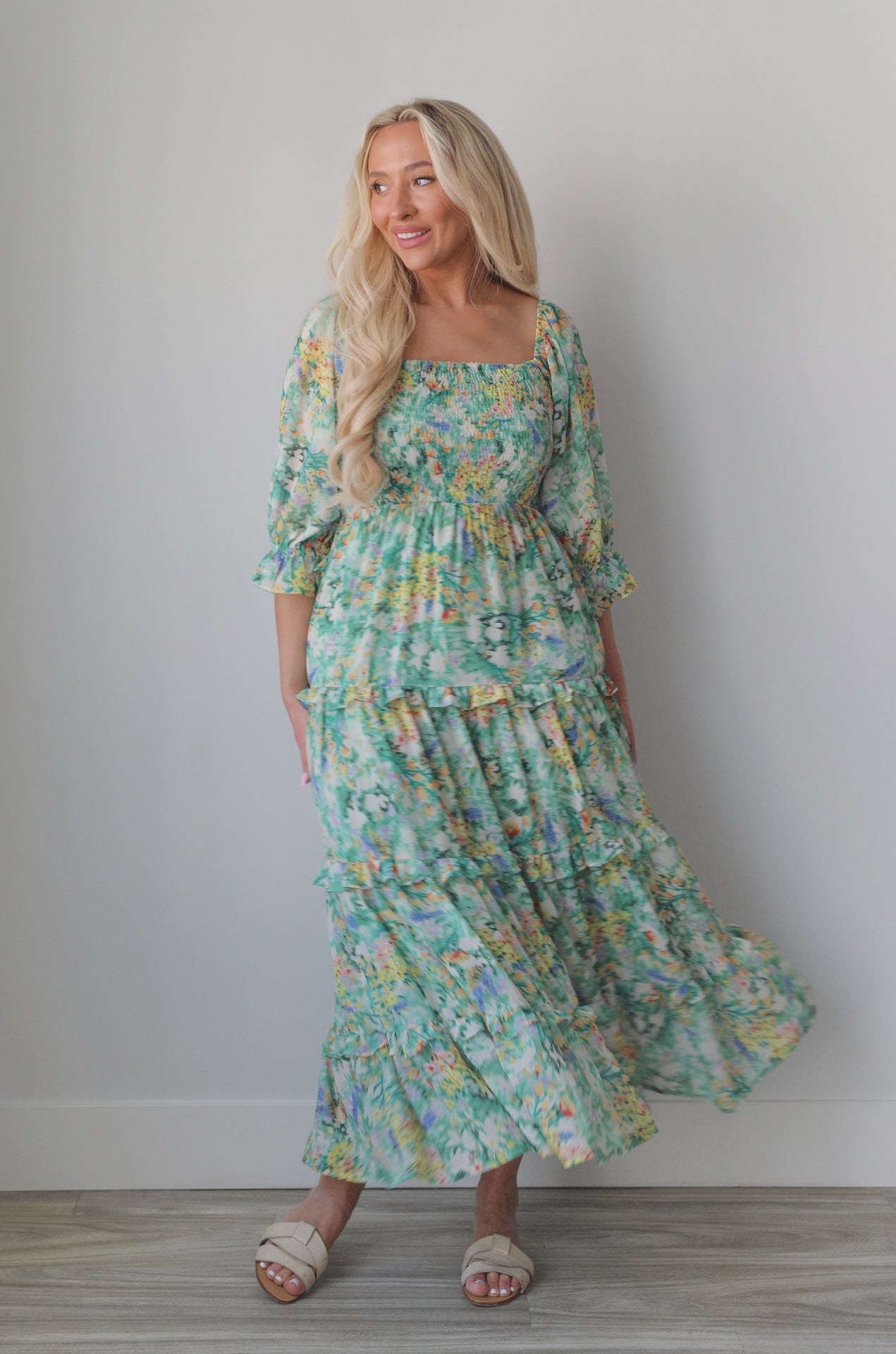 Andrea Green Floral Midi Dress