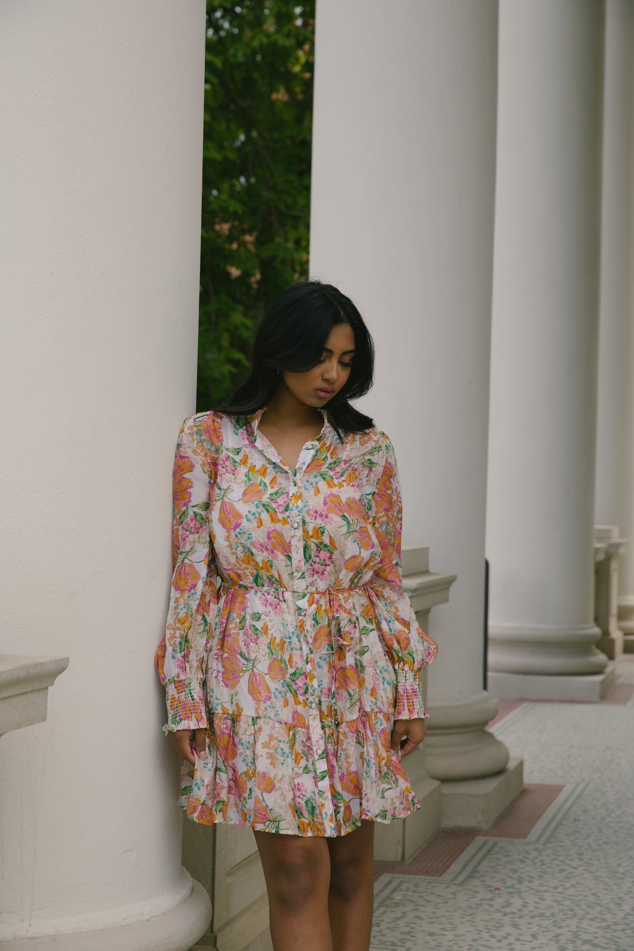 beige with orange floral mini dress with long sleeves and belted