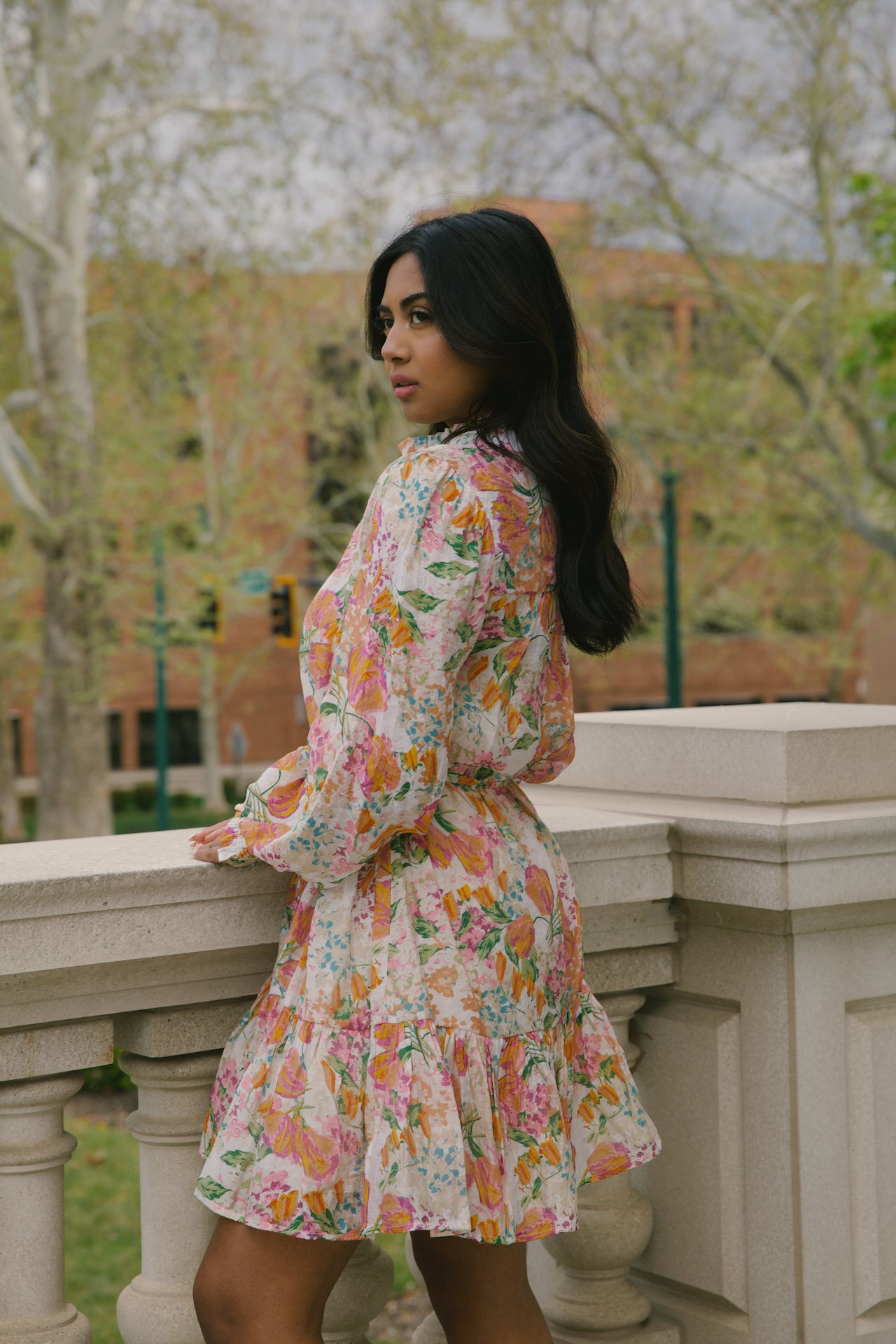 beige with orange floral mini dress with long sleeves and belted