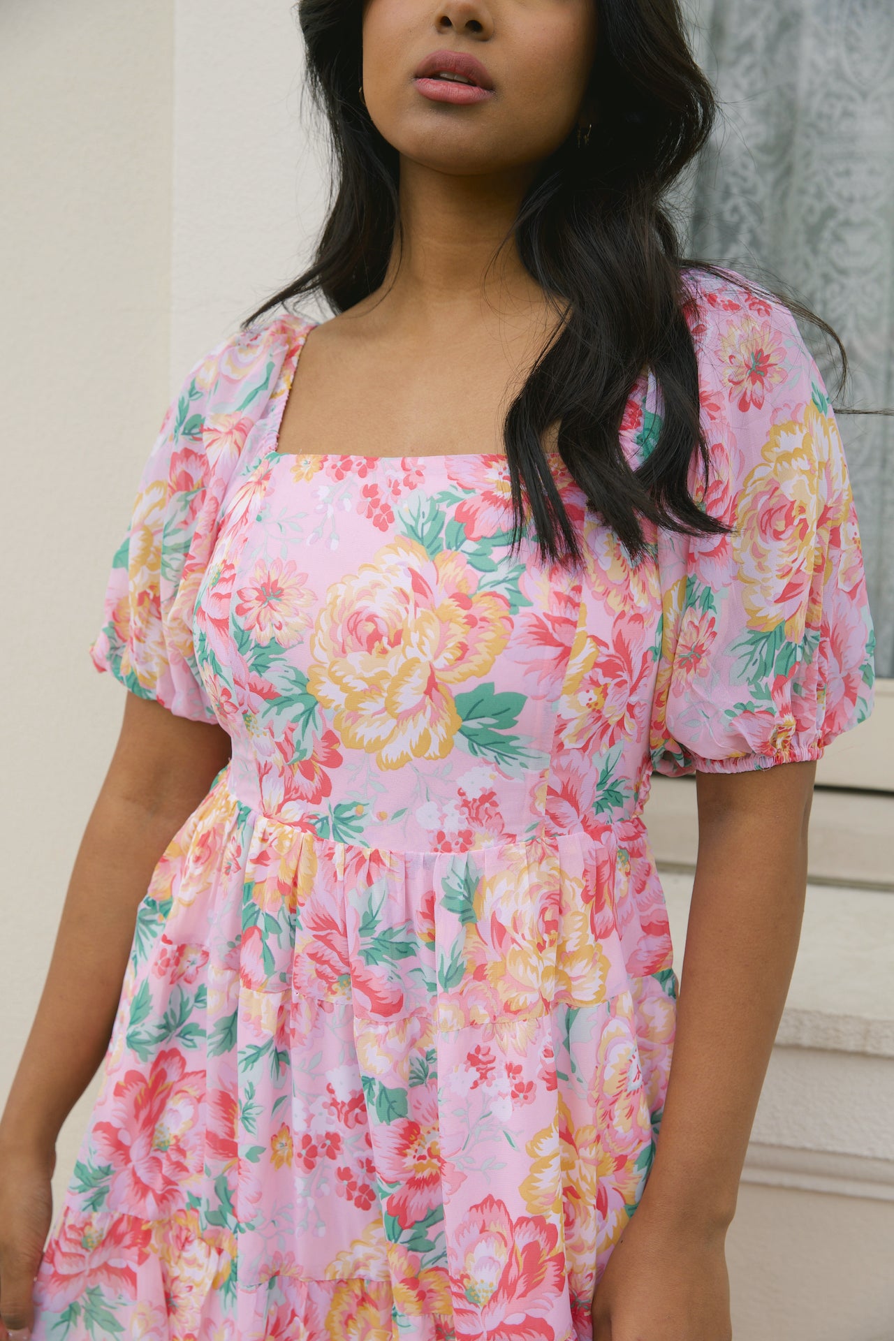 chiffon pink floral maxi dress with puff sleeves and a square neckline