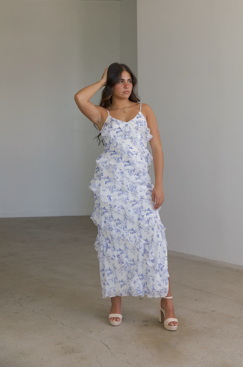 blue and white floral layered ruffle maxi dress with spaghetti straps
